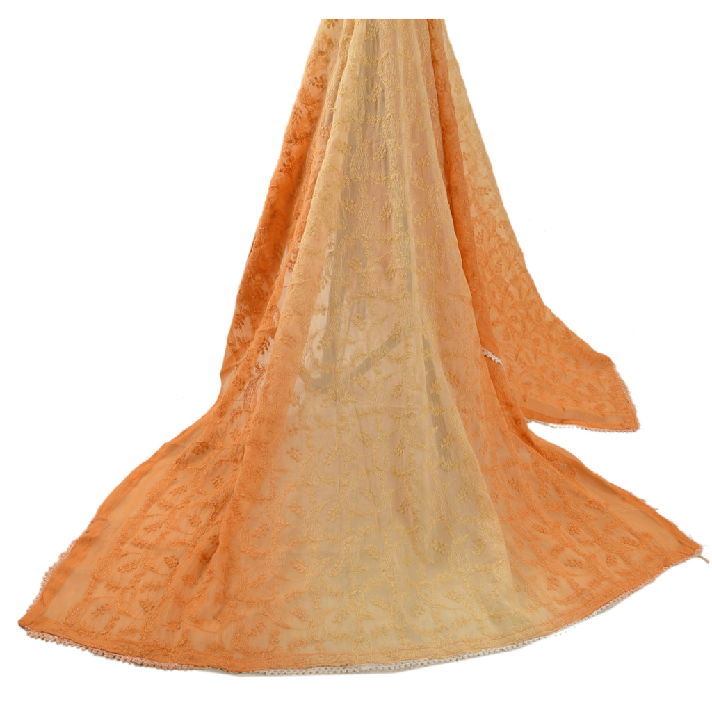 Sanskriti Vintage Dupatta Long Scarf Georgette Orange Hand Embroidered Veil Shawl Indian Heritage Craft Supplies Used Neck/Head scarf
