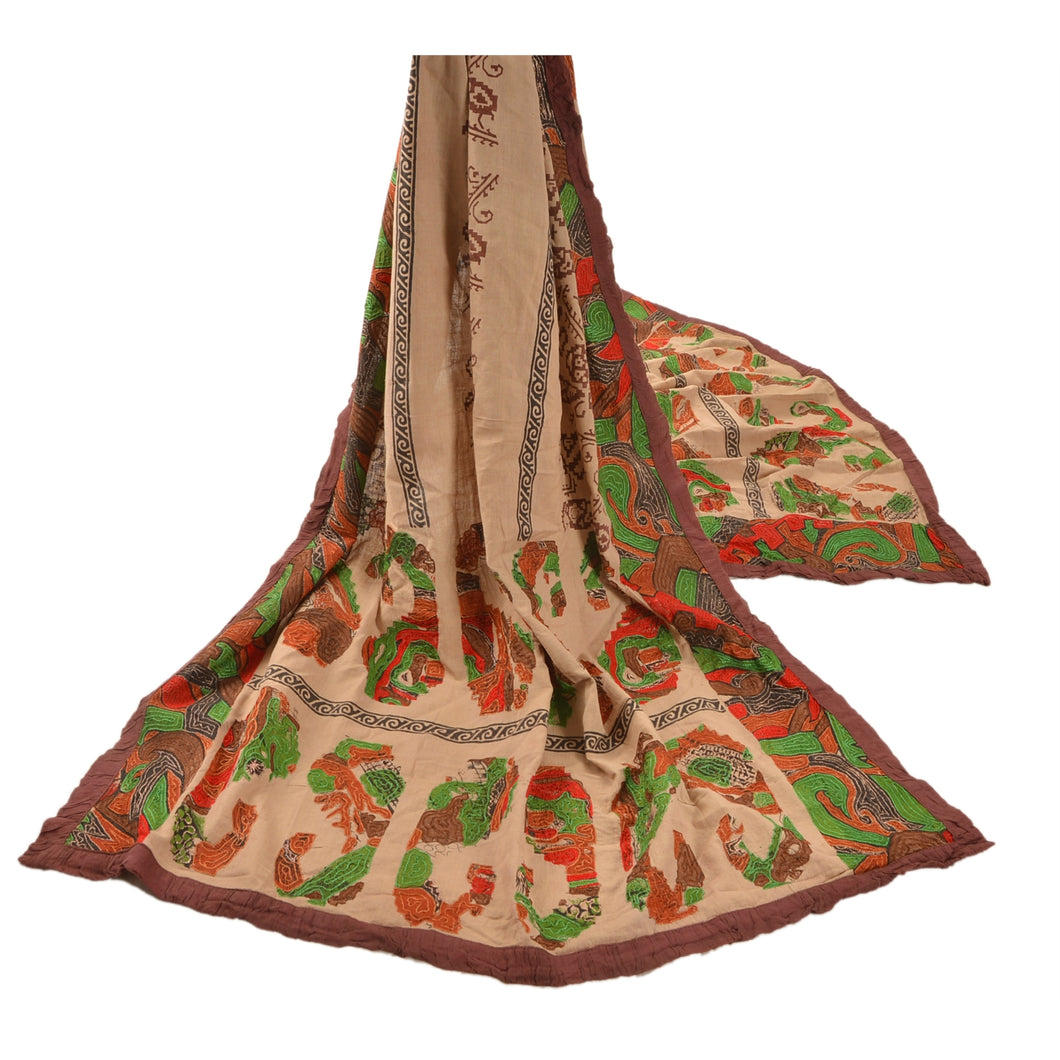 Vintage Dupatta Long Stole Cotton Brown Hijab Hand Embroidered Painted Shawl