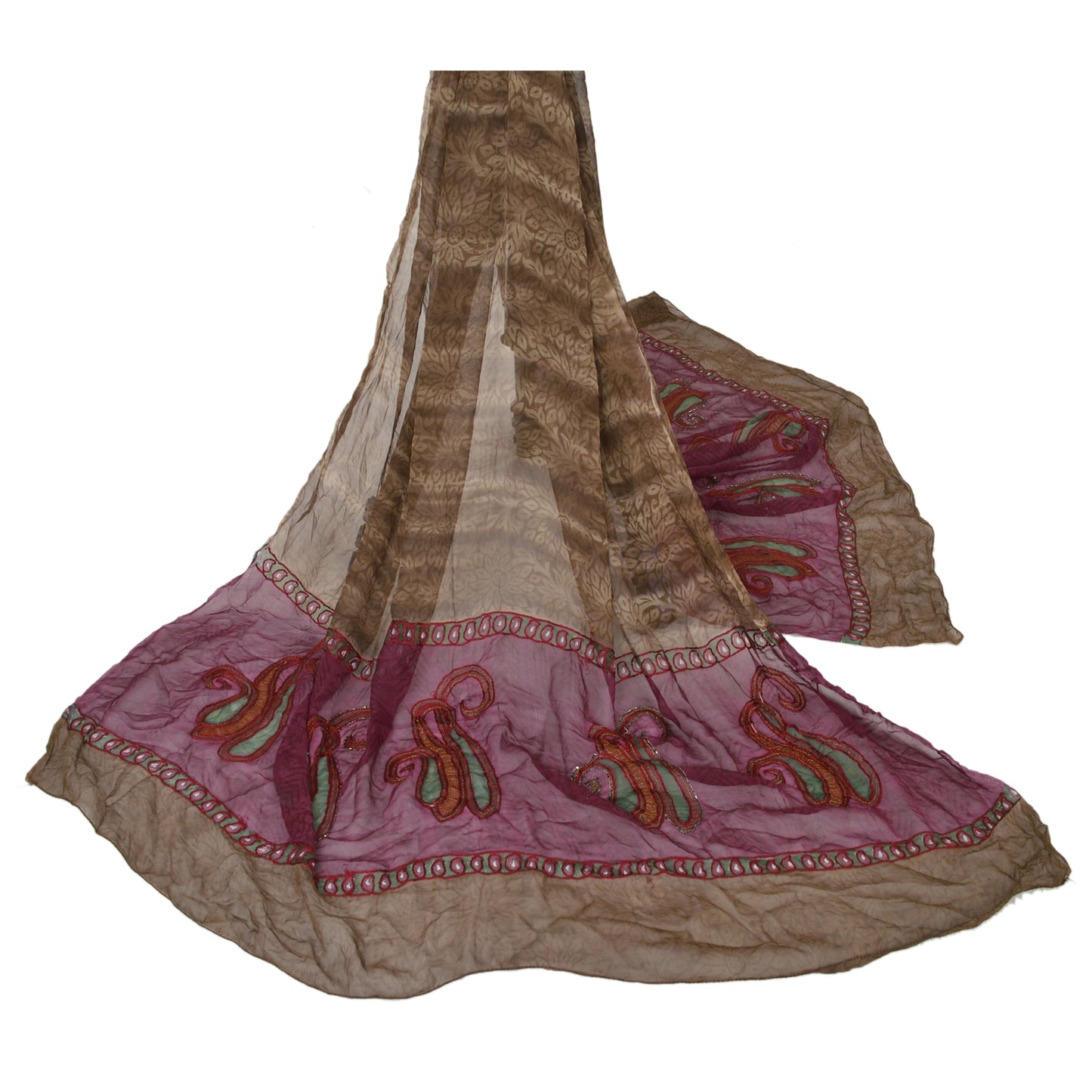 Sanskriti Vintage Dupatta Long Stole Georgette Brown Shawl Hand Beaded Scarves