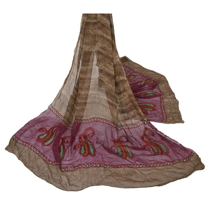 Sanskriti Vintage Dupatta Long Stole Georgette Brown Shawl Hand Beaded Scarves