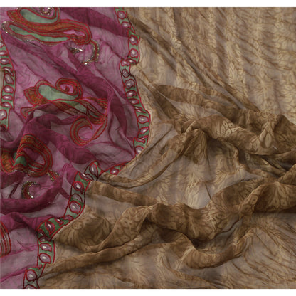 Sanskriti Vintage Dupatta Long Stole Georgette Brown Shawl Hand Beaded Scarves