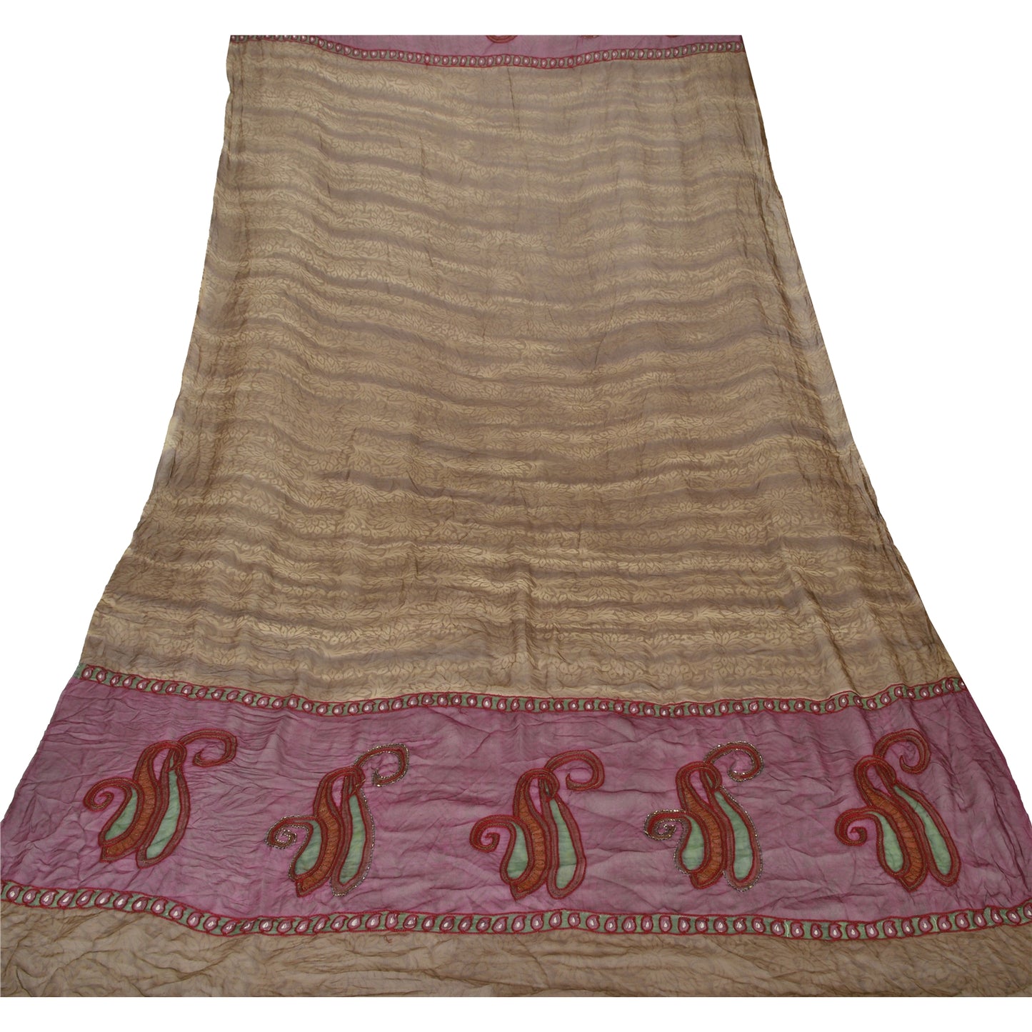 Sanskriti Vintage Dupatta Long Stole Georgette Brown Shawl Hand Beaded Scarves