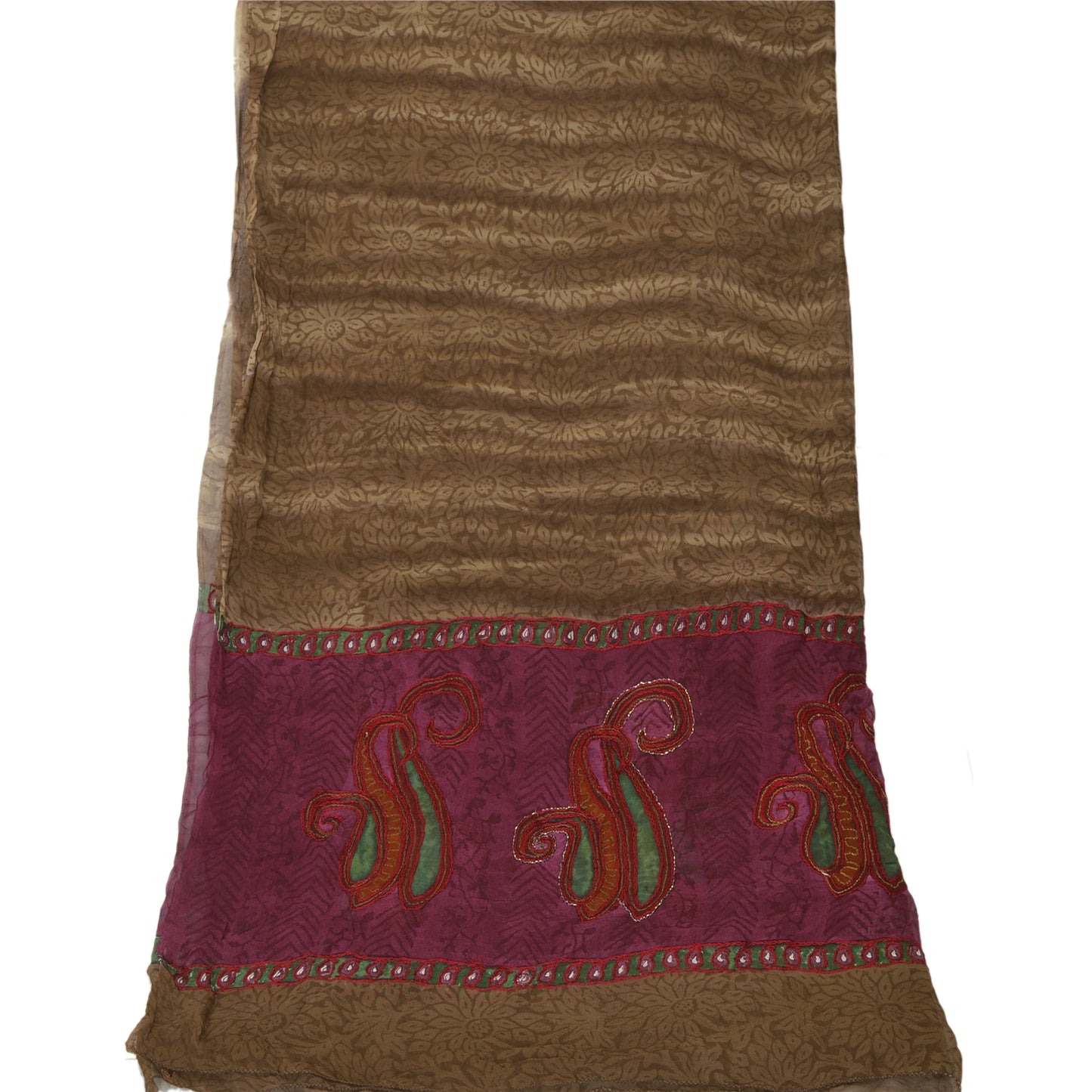 Sanskriti Vintage Dupatta Long Stole Georgette Brown Shawl Hand Beaded Scarves