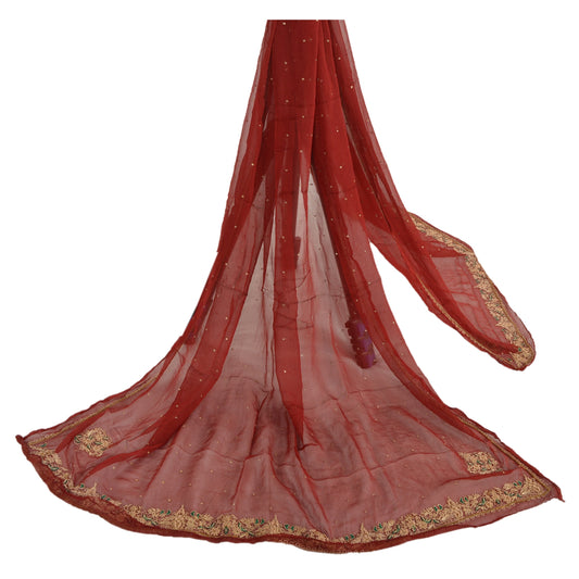 Sanskriti Vintage Dupatta Long Stole Chiffon Silk Dark Red Hand Beaded Wrap Veil