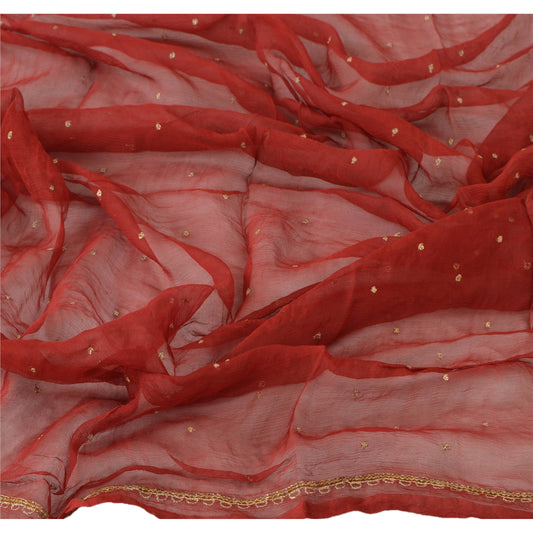 Sanskriti Vintage Dupatta Long Stole Chiffon Silk Dark Red Hand Beaded Wrap Veil