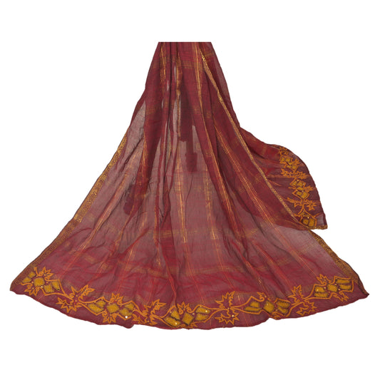 Sanskriti Vintage Dupatta Long Stole Pure Silk Dark Red Hand Beaded Woven Veil