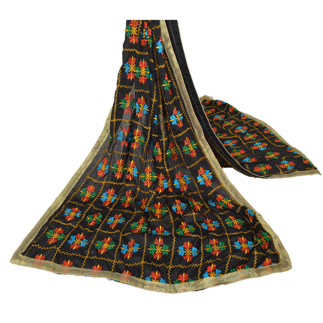 Sanskriti Vintage Dupatta Long Stole Art Silk Black Shawl Embroidered Wrap Hijab