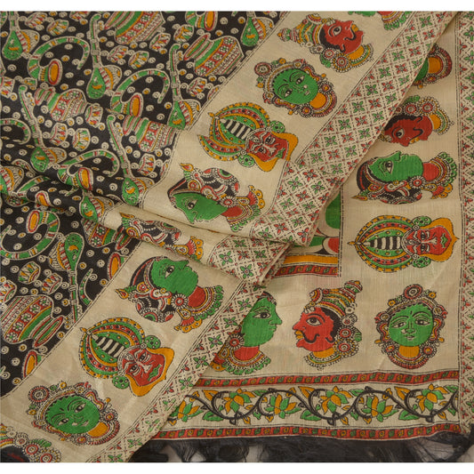 Sanskriti Vintage Black Dupatta Long Stole Chanderi Human Printed Pattachitra Odisha Of India Scarves For Crafting, Upcycling, or Wearing