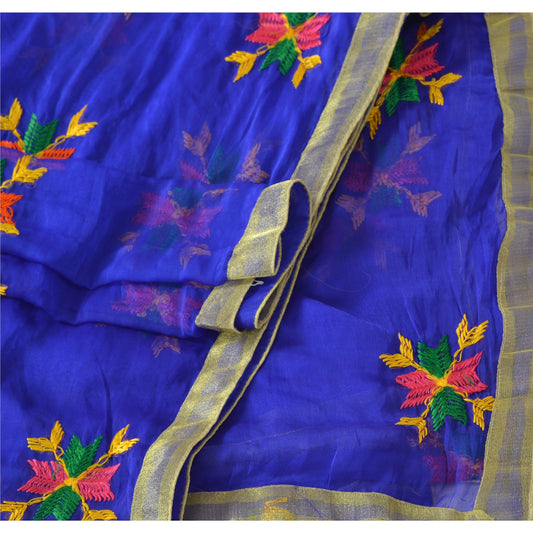 Sanskriti Vintage Dupatta Long Stole Ooak Blue Embroidered Hijab Bagh Phulkari