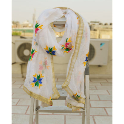 Sanskriti Vintage Dupatta Long Stole Ooak White Embroidered Bagh Phulkari Veil