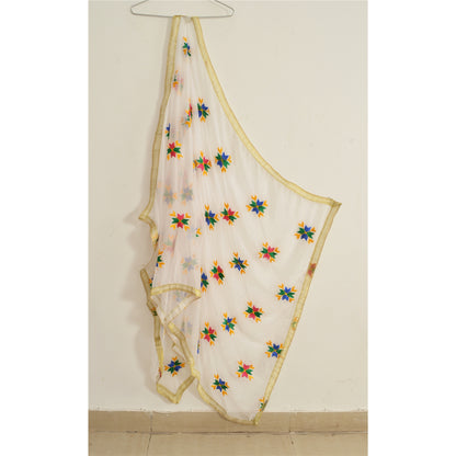 Sanskriti Vintage Dupatta Long Stole Ooak White Embroidered Bagh Phulkari Veil