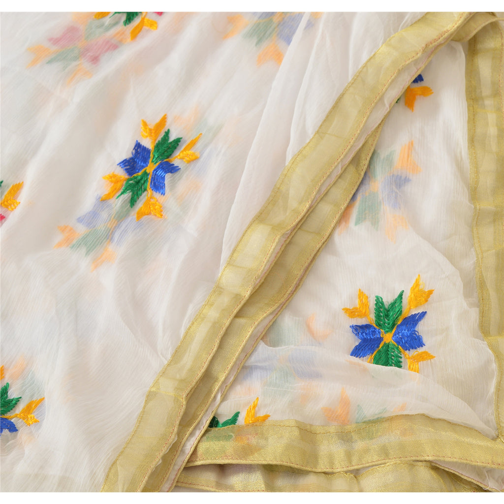 Sanskriti Vintage Dupatta Chiffon White Long Stole Embroidery Bagh Phulkari Himachal Pradesh Of India Veil Traditional Women Clothing