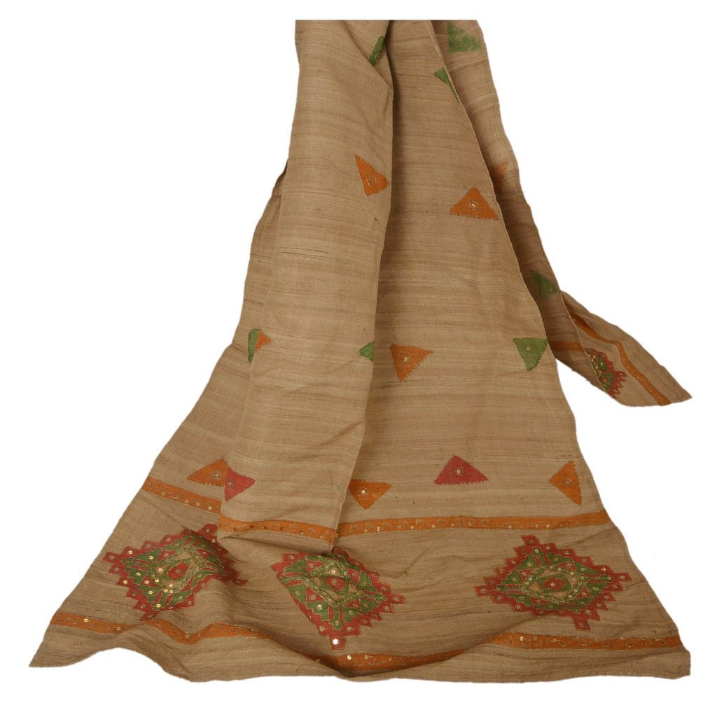 Sanskriti Vintage Dupatta Long Stole Handloom Brown Hand Beaded Painted Shawl