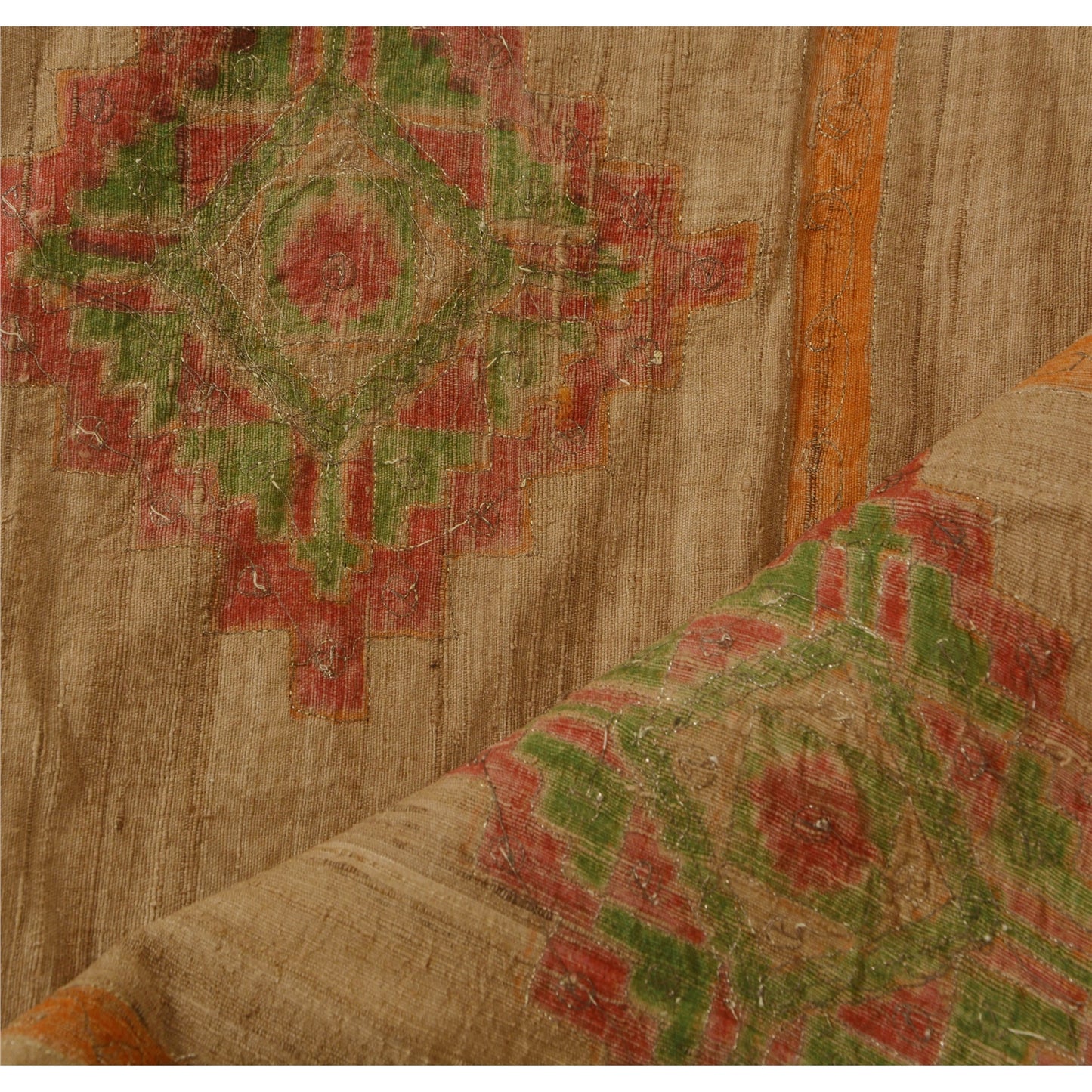 Sanskriti Vintage Dupatta Long Stole Handloom Brown Hand Beaded Painted Shawl