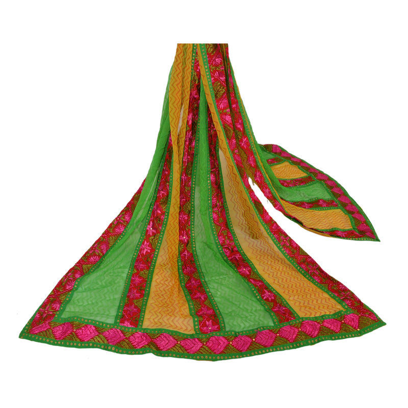 Sanskriti Vintage Dupatta Long Stole 100% Pure Chiffon Silk Green- Yellow Embroidered Bagh Phulkari Veil Himachal Pradesh of India