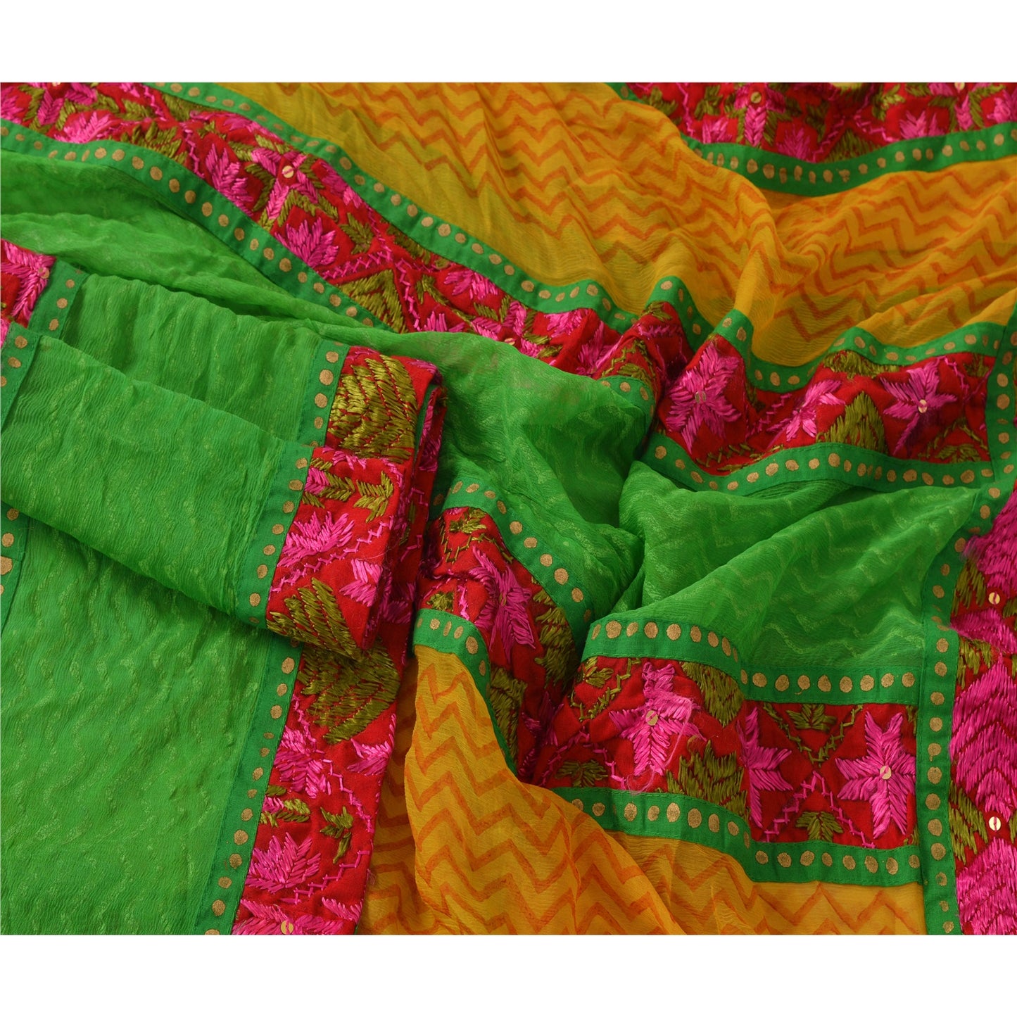 Sanskriti Vintage Dupatta Long Stole Ooak Green Embroidered Bagh Phulkari Shawl
