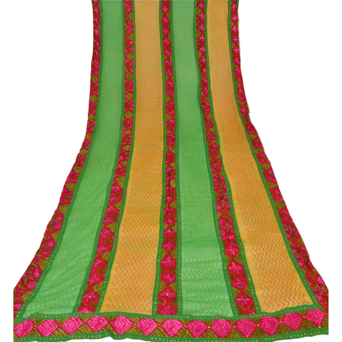 Sanskriti Vintage Dupatta Long Stole Ooak Green Embroidered Bagh Phulkari Shawl