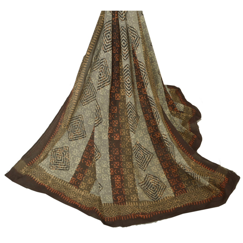 Sanskriti Vintage Gray Dupatta Long Stole Pure Cotton Hand Block Printed Veil Add-Elegance to Table Linen, Curtains, or Cushions