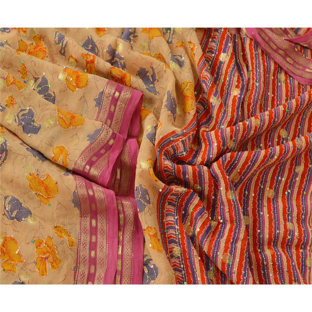 Sanskriti Vintage Dupatta Long Stole Georgette Cream Hand Embroidered Kantha Scarves Veil Head Neck Scarf