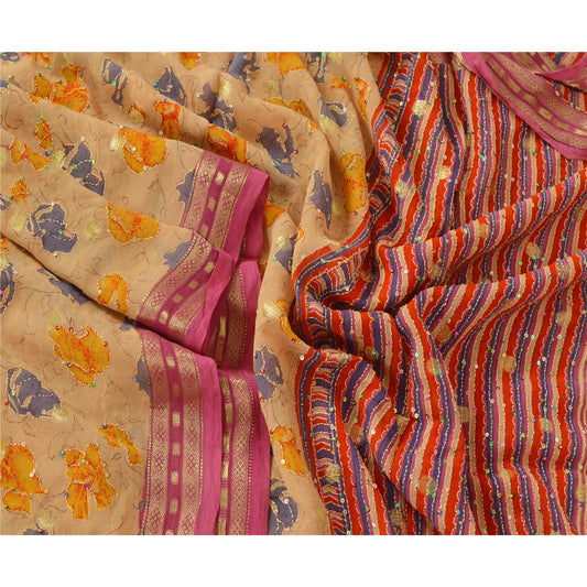 Sanskriti Vintage Dupatta Long Stole Georgette Cream Hand Embroidered Kantha Scarves Veil Head Neck Scarf