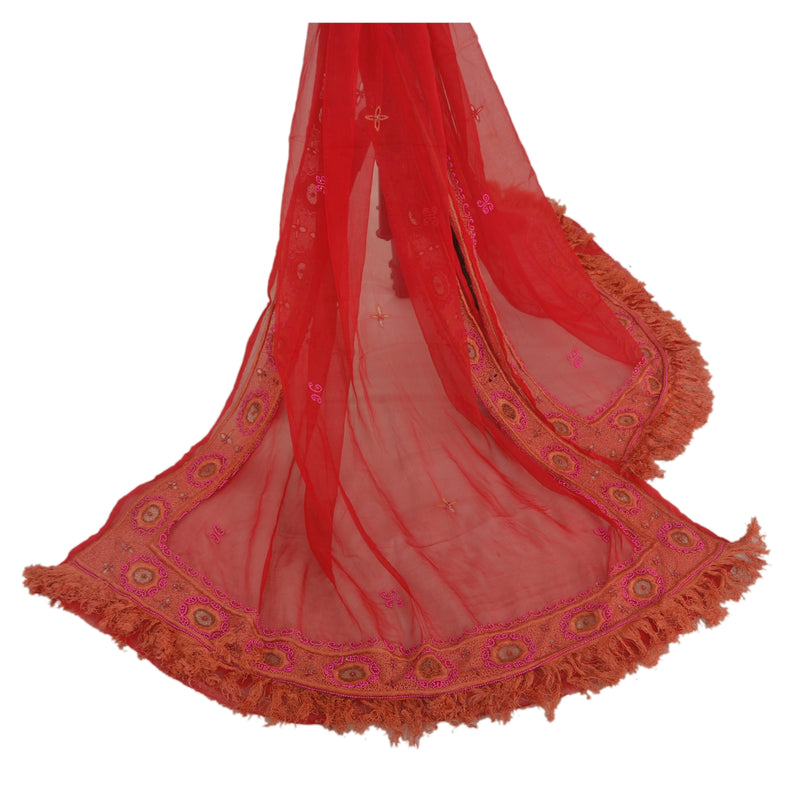 Sanskriti Vintage Red Dupatta Long Pure Chiffon Hand Beaded Wrap Indian Bohemian Fabric For Dressmaking, Craft Supplies