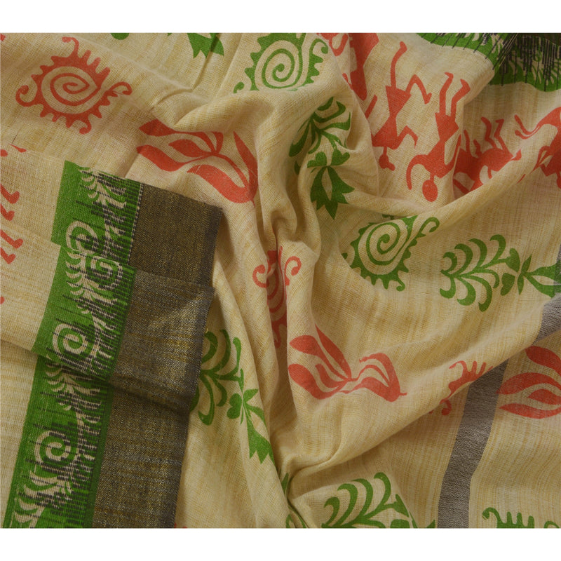Sanskriti Vintage Dupatta Long Stole Blend Cotton Cream Warli Art Printed Wrap