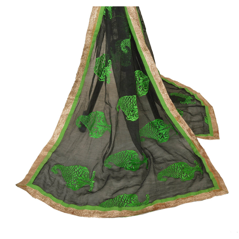 Sanskriti Vintage Dupatta Lang Stola Kunstsilkeslør Sorte Broderede Tørklæder 