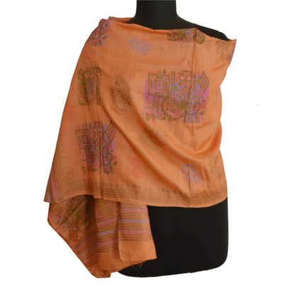 sanskriti Vintage Dupatta Long Stole 100% Pure Tussar Silk Peach Painted Hijab