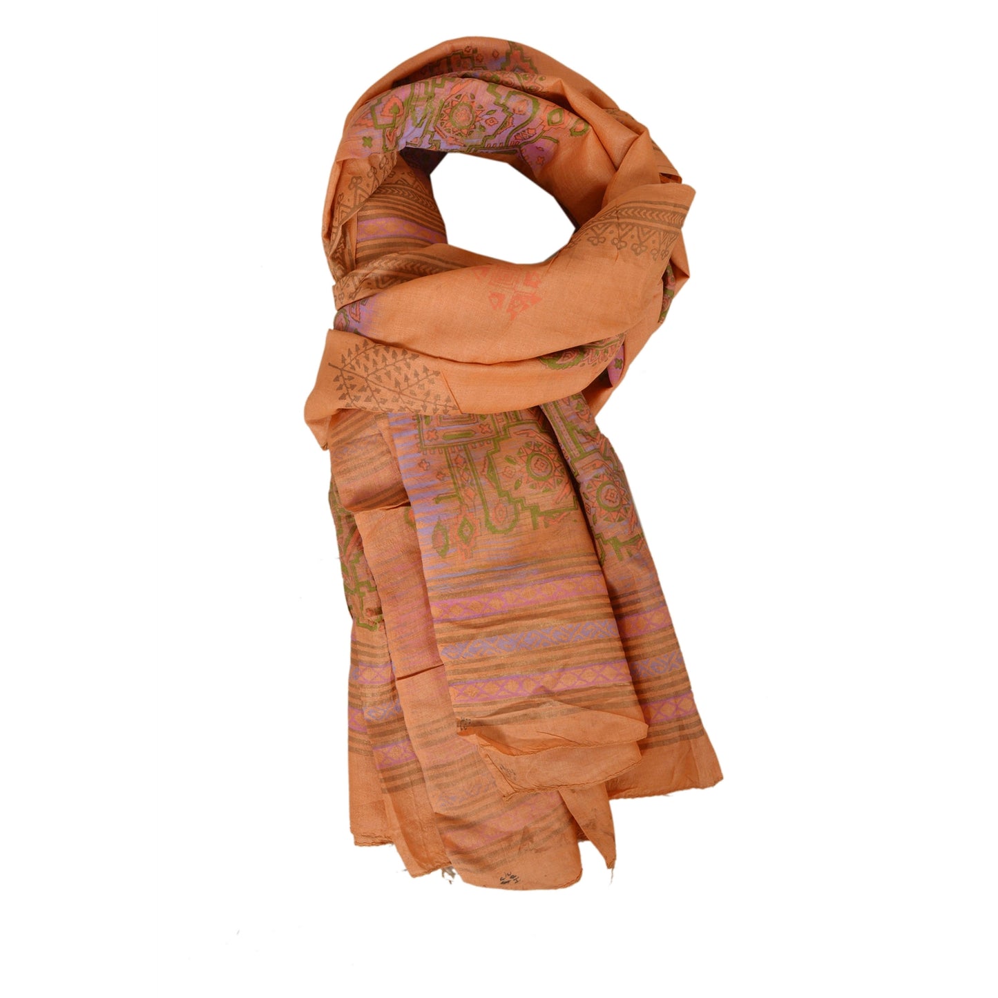 sanskriti Vintage Dupatta Long Stole 100% Pure Tussar Silk Peach Painted Hijab