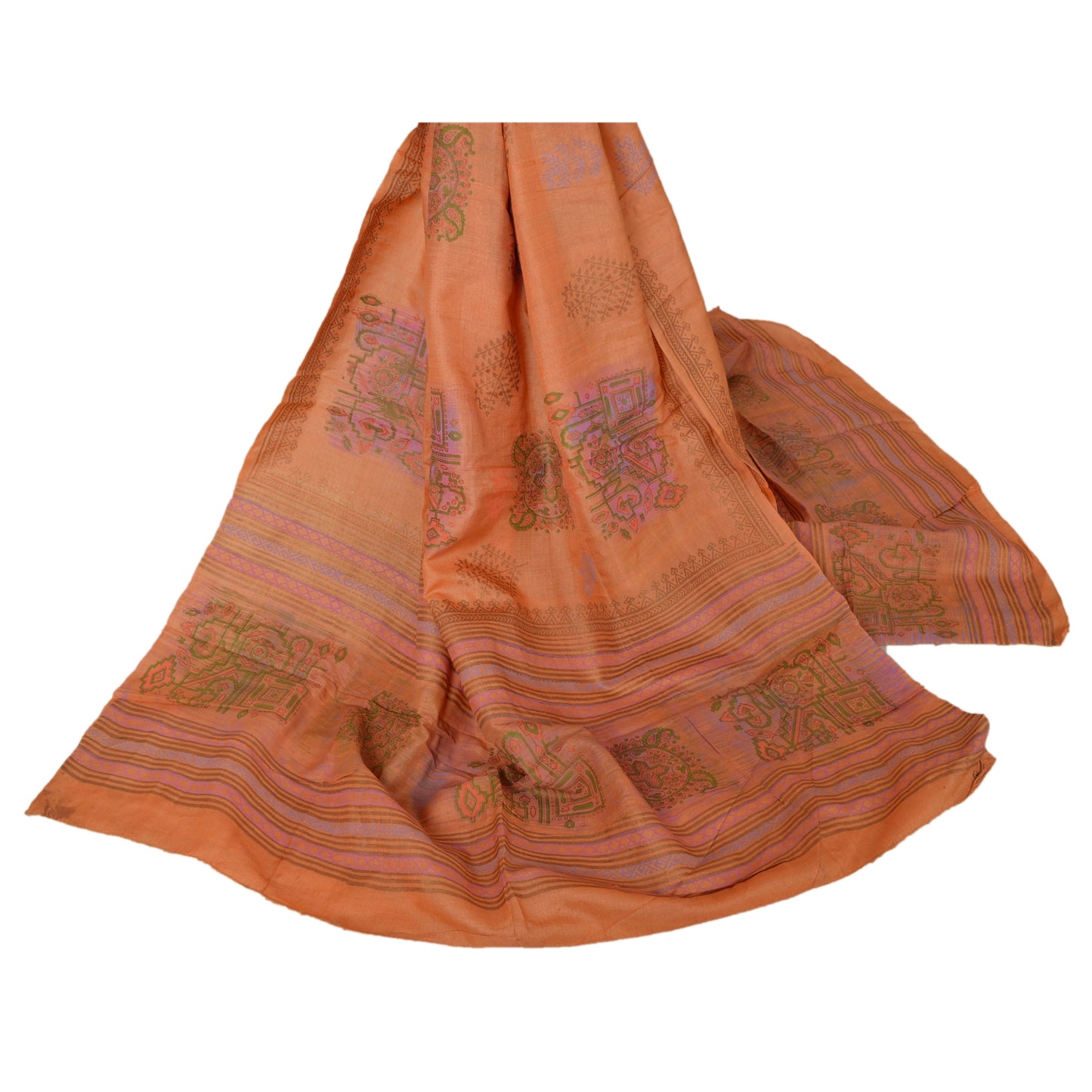 sanskriti Vintage Dupatta Long Stole 100% Pure Tussar Silk Peach Painted Hijab