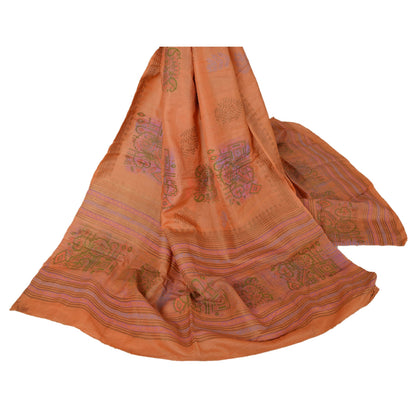 sanskriti Vintage Dupatta Long Stole 100% Pure Tussar Silk Peach Painted Hijab