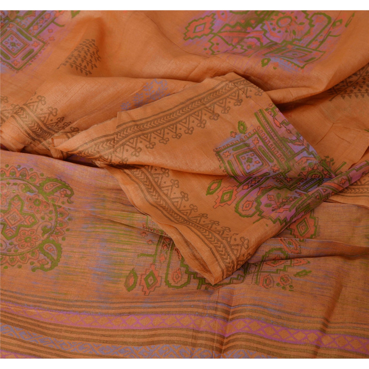 sanskriti Vintage Dupatta Long Stole 100% Pure Tussar Silk Peach Painted Hijab