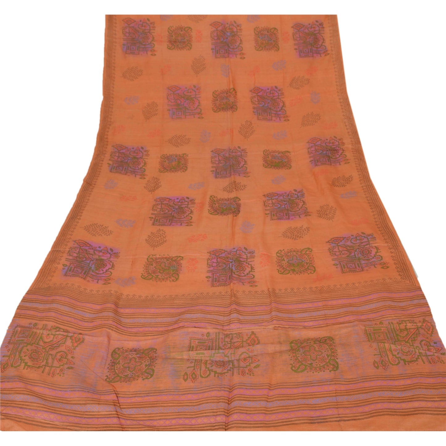 sanskriti Vintage Dupatta Long Stole 100% Pure Tussar Silk Peach Painted Hijab