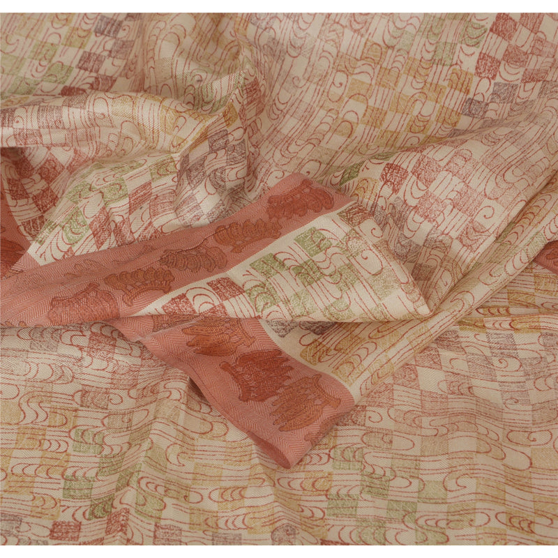 Sanskriti Vintage Dupatta Lang Stola 100% Ren Uld Cremefarvet Sjal Trykt Hijab 