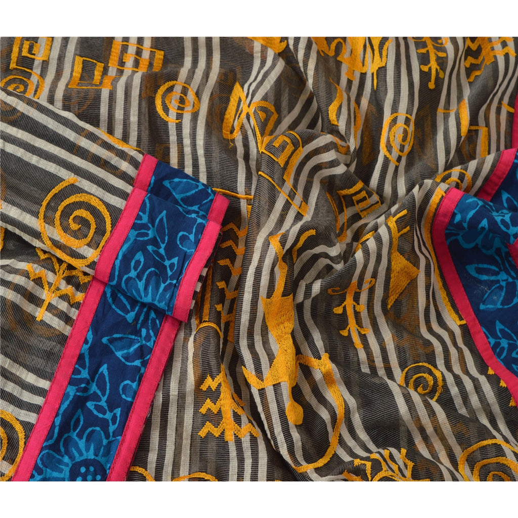 sanskriti Vintage Dupatta Long Stole Art Silk Black Embroidered Warli Art Shawl