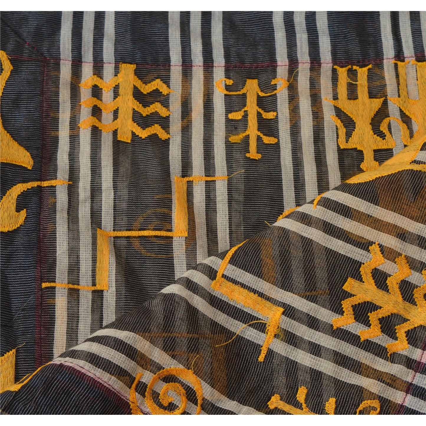 sanskriti Vintage Dupatta Long Stole Art Silk Black Embroidered Warli Art Shawl