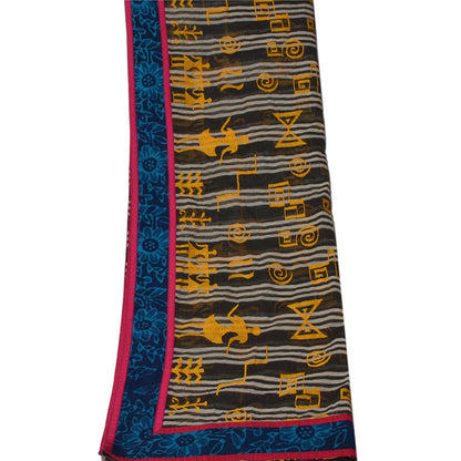 sanskriti Vintage Dupatta Long Stole Art Silk Black Embroidered Warli Art Shawl