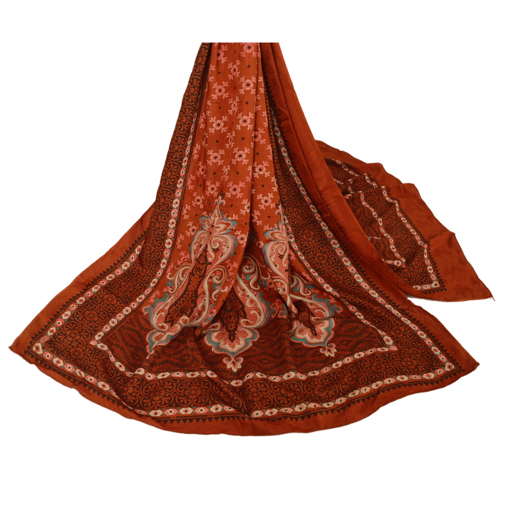 sanskriti Vintage Dupatta Long Stole Blend Cotton Rusty Orange Printed Scarves