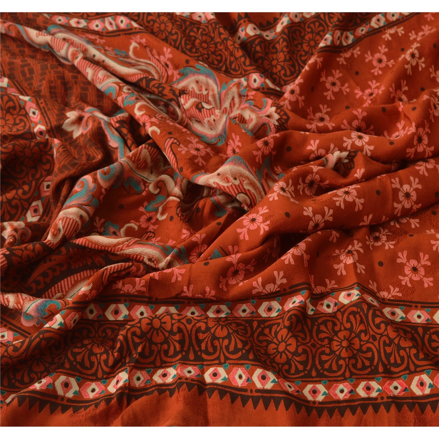 sanskriti Vintage Dupatta Long Stole Blend Cotton Rusty Orange Printed Scarves