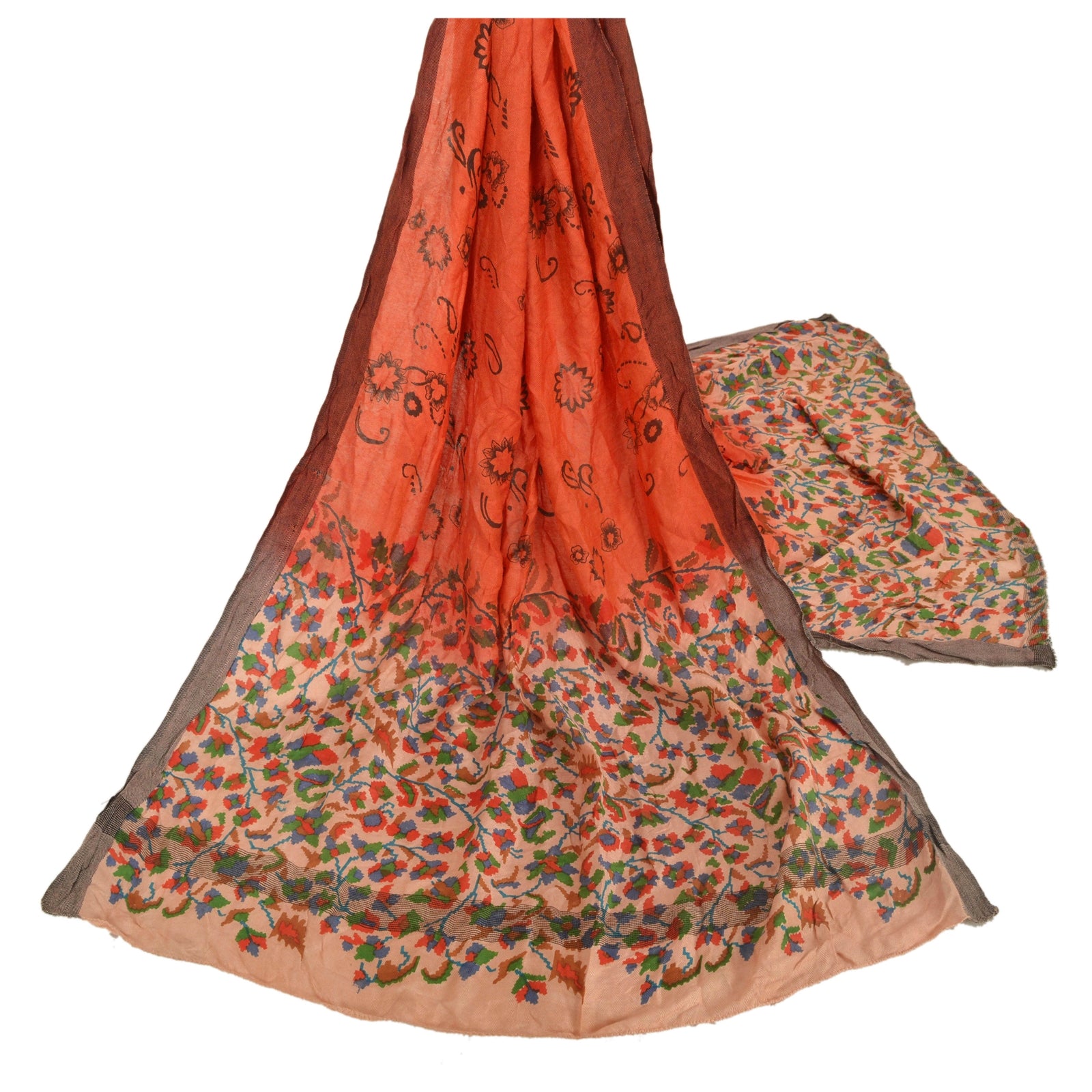 Sanskriti Vintage Dupatta Long Stole Woollen Orange Hijab Kani Palla Printed Wrap Shawl