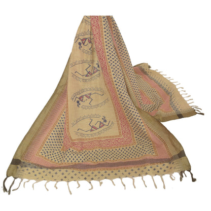 Sanskriti Vintage Dupatta Long Stole Pure Cotton Cream Block Printed Warli Art