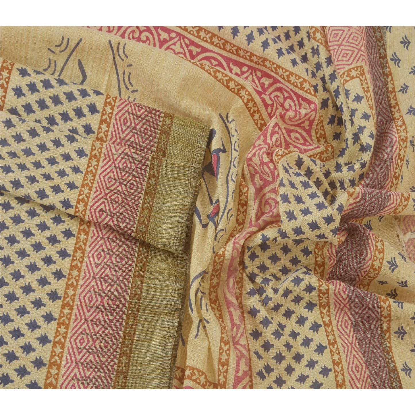 Sanskriti Vintage Dupatta Long Stole Pure Cotton Cream Block Printed Warli Art