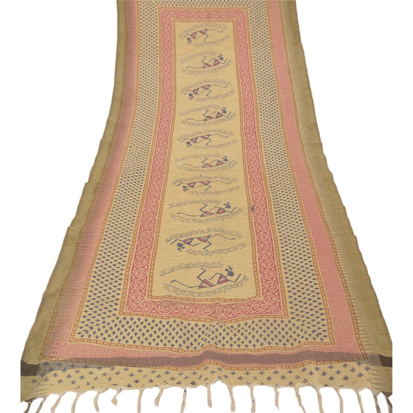 Sanskriti Vintage Dupatta Long Stole Pure Cotton Cream Block Printed Warli Art