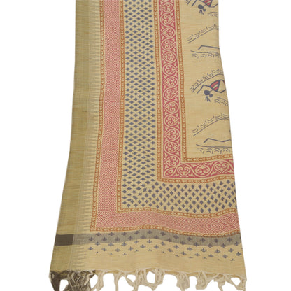 Sanskriti Vintage Dupatta Long Stole Pure Cotton Cream Block Printed Warli Art