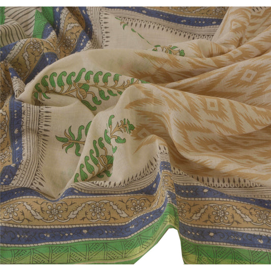 Sanskriti Vintage Dupatta Long Stole Chanderi Cream Shawl Printed Wrap Hijab