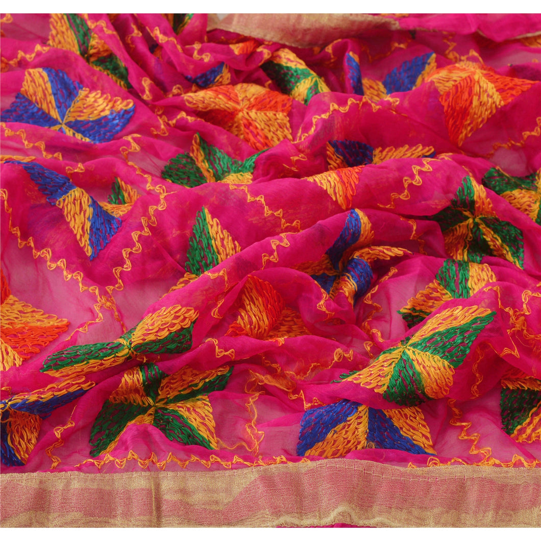 Sanskriti Vintage Dupatta Long Stole OOAK Pink Embroidered Bagh Phulkari Shawl