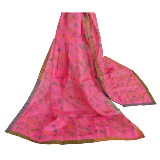 Sanskriti Vintage Dupatta Lang Stola 100% Ren Silke Pink Malede Wrap Tørklæder