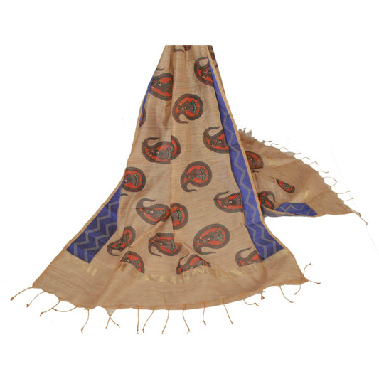 Sanskriti Vintage Dupatta Lang Stol Kunstsilke Cremefarvet Sjal Trykte Vævede Tørklæder