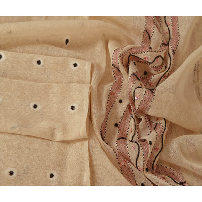 sanskriti Vintage Dupatta Long Stole Art Silk Cream Scarves Hand Beaded Veil