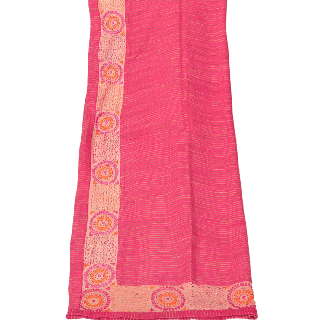 Sanskriti Vintage kDupatta Long Stole Art Silk Pink Hand Beaded Kantha Scarves